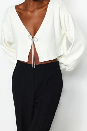 Kadın Moda Şık Crop V Yaka Uzun Kol Düz Süper Crop Basic Fiyonklu Triko Hırka