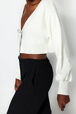 Kadın Moda Şık Crop V Yaka Uzun Kol Düz Süper Crop Basic Fiyonklu Triko Hırka