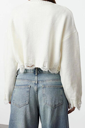 Kadın Moda Şık Bisiklet Yaka Düşük Kol Crop Süper Geniş Kalıp Yumuşak Dokulu Triko Kazak