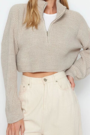 Kadın Moda Şık Dik Yaka Standart Kol Crop Süper Fermuarlı Triko Kazak