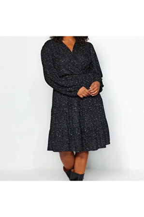 Yeni Rahat Casual Günlük Kaşkorse Örme Kruvaze Uzun Kol A-Line Mini Boy Büyük Beden Elbise