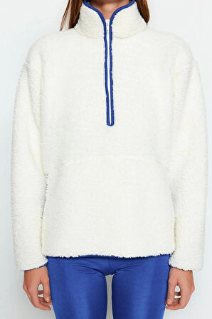 Kadın Moda Şık Regular Dik Yaka Düşük Kol Regular Peluş Örme Spor Sweatshirt
