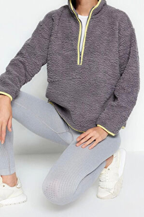 Kadın Moda Şık Regular Dik Yaka Düşük Kol Regular Peluş Örme Spor Sweatshirt