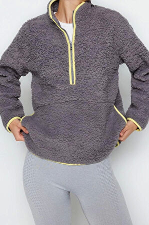 Kadın Moda Şık Regular Dik Yaka Düşük Kol Regular Peluş Örme Spor Sweatshirt