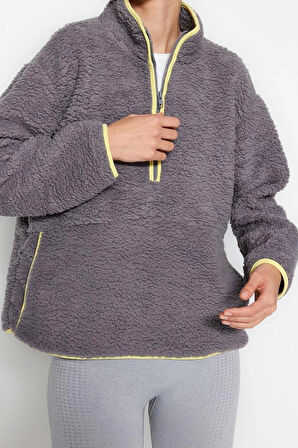 Kadın Moda Şık Regular Dik Yaka Düşük Kol Regular Peluş Örme Spor Sweatshirt
