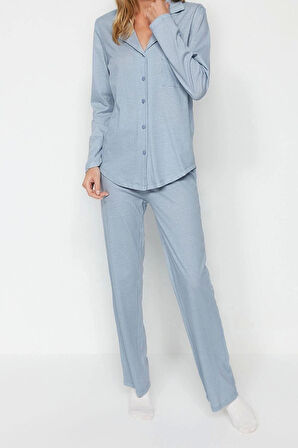 Kadın Moda Şık Gömlek Yaka Boru Paça Uzun Kol %100 Pamuklu Pötikareli Örme Pijama Takımı