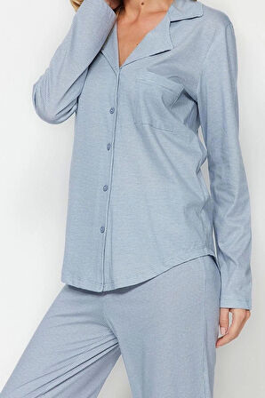 Kadın Moda Şık Gömlek Yaka Boru Paça Uzun Kol %100 Pamuklu Pötikareli Örme Pijama Takımı