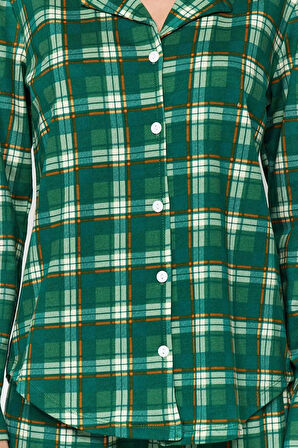 Kadın Moda Şık Gömlek Yaka Boru Paça Uzun Kol %100 Pamuk Ekoseli Gömlek-Pantolon Örme Pijama Takımı