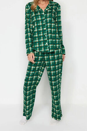 Kadın Moda Şık Gömlek Yaka Boru Paça Uzun Kol %100 Pamuk Ekoseli Gömlek-Pantolon Örme Pijama Takımı