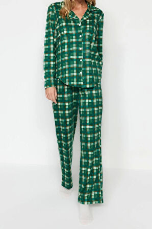 Kadın Moda Şık Gömlek Yaka Boru Paça Uzun Kol %100 Pamuk Ekoseli Gömlek-Pantolon Örme Pijama Takımı