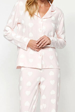 Kadın Boru Paça Uzun Kol Premium %100 Pamuk Kalp Puf Desenli Gömlek-Pantolon Pijama Takımı
