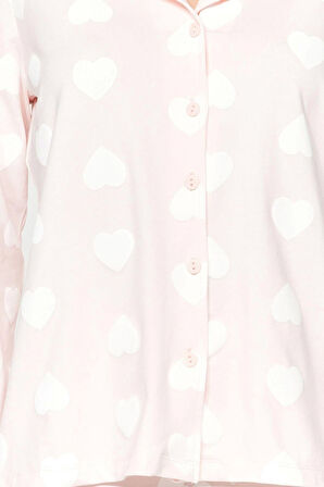 Kadın Boru Paça Uzun Kol Premium %100 Pamuk Kalp Puf Desenli Gömlek-Pantolon Pijama Takımı