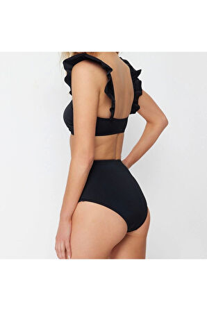 Yeni Düz Bralette Yüksek Bel Slip Siyah Bralet Fırfırlı Dokulu Yüksek Bel Hipster Bikini Takımı