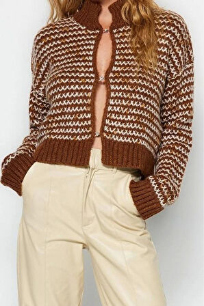 Kadın Moda Şık Regular Bisiklet Yaka Uzun Kol Degrade Yumuşak Dokulu Degrade Triko Hırka