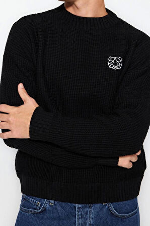 Erkek Moda Şık Standart Bisiklet Yaka Uzun Kol Dokulu Oversize Dokulu Triko Kazak