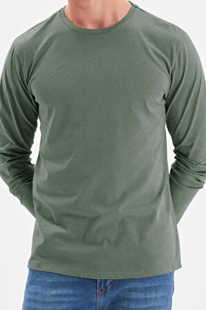 Yeni Sezon Regular %100 Pamuk Bisiklet Yaka Uzun Kol Düz Desenli Günlük T-Shirt