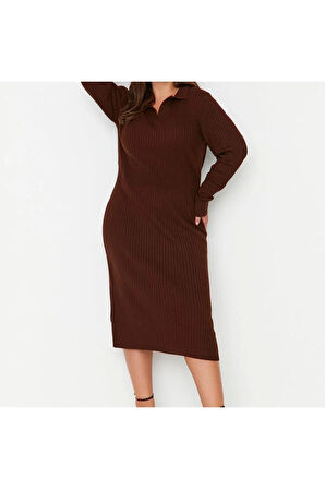 Yeni Fit Casual Günlük Fitilli Triko Polo Yaka Uzun Kol Bodycone Midi Boy Büyük Beden Elbise