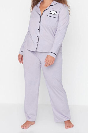 Büyük Beden Kadın Pamuk Polyester Gömlek Yaka Uzun Kol Gömlek Yaka Panda Baskılı Örme Pijama Takımı