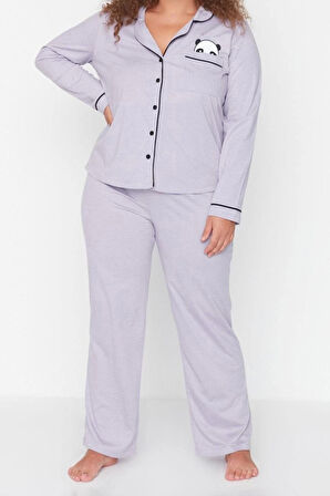 Büyük Beden Kadın Pamuk Polyester Gömlek Yaka Uzun Kol Gömlek Yaka Panda Baskılı Örme Pijama Takımı