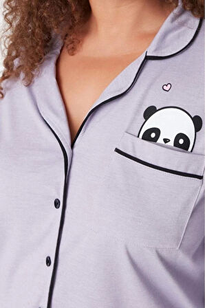 Büyük Beden Kadın Pamuk Polyester Gömlek Yaka Uzun Kol Gömlek Yaka Panda Baskılı Örme Pijama Takımı