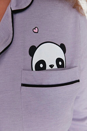 Büyük Beden Kadın Pamuk Polyester Gömlek Yaka Uzun Kol Gömlek Yaka Panda Baskılı Örme Pijama Takımı