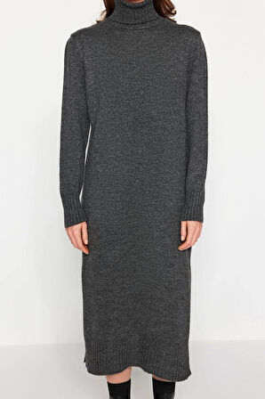 Yeni Oversize Casual Günlük Dolu İğne Triko Balıkçı Yaka Uzun Kol Shift Midi Boy Elbise