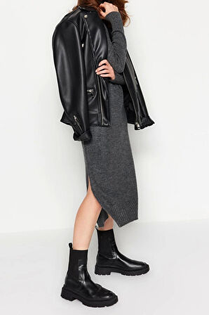 Yeni Oversize Casual Günlük Dolu İğne Triko Balıkçı Yaka Uzun Kol Shift Midi Boy Elbise