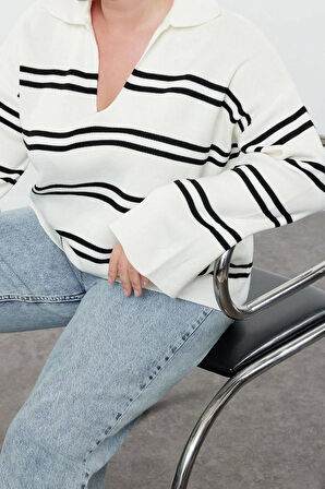 Kadın Büyük Beden Moda Şık Regular Polo Yaka Uzun Kol Çizgili Triko Kazak