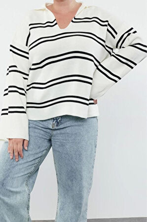 Kadın Büyük Beden Moda Şık Regular Polo Yaka Uzun Kol Çizgili Triko Kazak