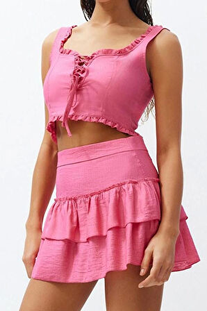 Kadın Moda Şık Geniş Paça Regular Boy Uzun Kollu Fuşya Dokuma Fırfırlı Bluz Etek Takım