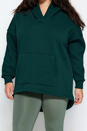 Kadın Büyük Beden Moda Şık Oversize Kapüşonlu Düşük Kol Regular Kalın İçi Polarlı Örme Sweatshirt
