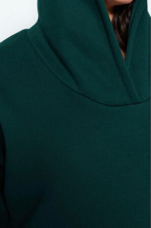Kadın Büyük Beden Moda Şık Oversize Kapüşonlu Düşük Kol Regular Kalın İçi Polarlı Örme Sweatshirt