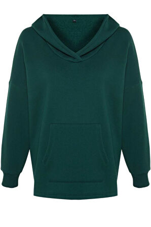 Kadın Büyük Beden Moda Şık Oversize Kapüşonlu Düşük Kol Regular Kalın İçi Polarlı Örme Sweatshirt