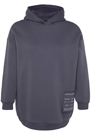 Kadın Büyük Beden Relaxed Kapüşonlu Düşük Kol Regular Slogan Detaylı İçi Polar Kalın Örme Sweatshirt