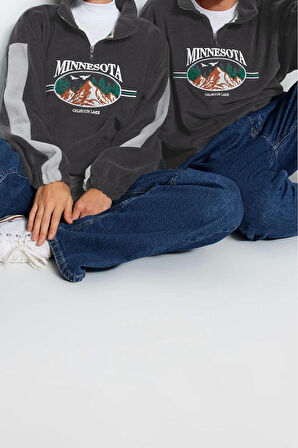 Unisex Moda Şık Oversize Dik Yaka Standart Kol Standart Geniş Kesim Fermuarlı Polar Sweatshirt