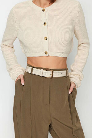 Kadın Moda Şık Crop Bisiklet Yaka Uzun Kol Düz Süper Crop Basic Triko Hırka