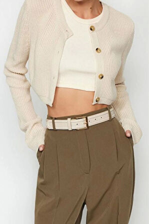 Kadın Moda Şık Crop Bisiklet Yaka Uzun Kol Düz Süper Crop Basic Triko Hırka