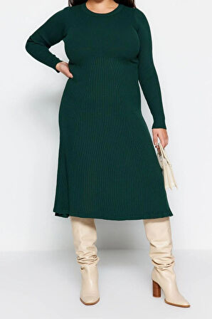 Yeni Fit Casual Günlük Fitilli Triko Bisiklet Yaka Uzun Kol A-Line Midi Boy Büyük Beden Elbise