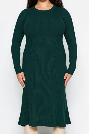 Yeni Fit Casual Günlük Fitilli Triko Bisiklet Yaka Uzun Kol A-Line Midi Boy Büyük Beden Elbise