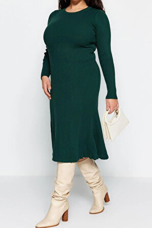 Yeni Fit Casual Günlük Fitilli Triko Bisiklet Yaka Uzun Kol A-Line Midi Boy Büyük Beden Elbise