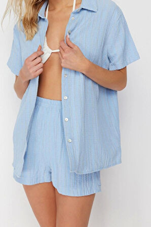 Kadın Moda Şık Regular Kısa Boy Uzun Kollu Dokuma Keten Karışımlı Gömlek Şort Takım