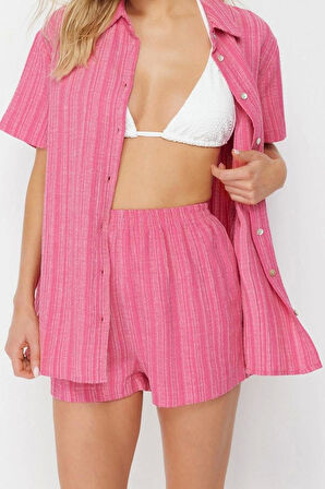 Kadın Moda Şık Regular Kısa Boy Uzun Kollu Dokuma Keten Karışımlı Gömlek Şort Takım