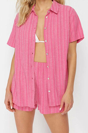 Kadın Moda Şık Regular Kısa Boy Uzun Kollu Dokuma Keten Karışımlı Gömlek Şort Takım