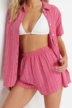 Kadın Moda Şık Regular Kısa Boy Uzun Kollu Dokuma Keten Karışımlı Gömlek Şort Takım