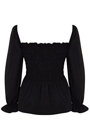 Kadın Moda Şık Büyük Beden Crop Kare Yaka Büzgülü/Fırfırlı Kol Fitted Kalıp Dokuma Gipeli Bluz