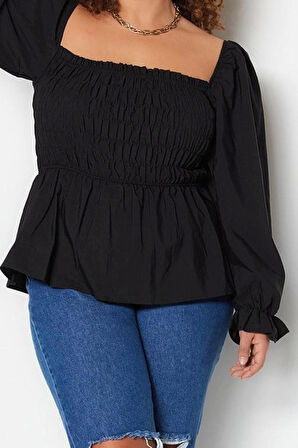 Kadın Moda Şık Büyük Beden Crop Kare Yaka Büzgülü/Fırfırlı Kol Fitted Kalıp Dokuma Gipeli Bluz