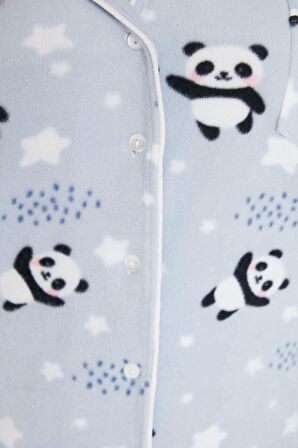 Büyük Beden Kadın Polyester Gömlek Yaka Uzun Kol Gömlek Yaka Panda Desenli Örme Pijama Takımı