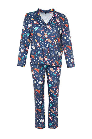 Büyük Beden Kadın %100 Pamuk Gömlek Yaka Uzun Kol Gömlek Yaka Yılbaşı Temalı Örme Pijama Takımı