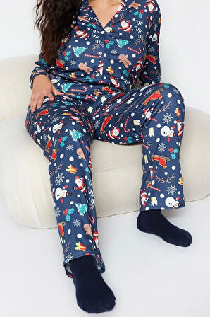 Büyük Beden Kadın %100 Pamuk Gömlek Yaka Uzun Kol Gömlek Yaka Yılbaşı Temalı Örme Pijama Takımı