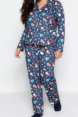 Büyük Beden Kadın %100 Pamuk Gömlek Yaka Uzun Kol Gömlek Yaka Yılbaşı Temalı Örme Pijama Takımı